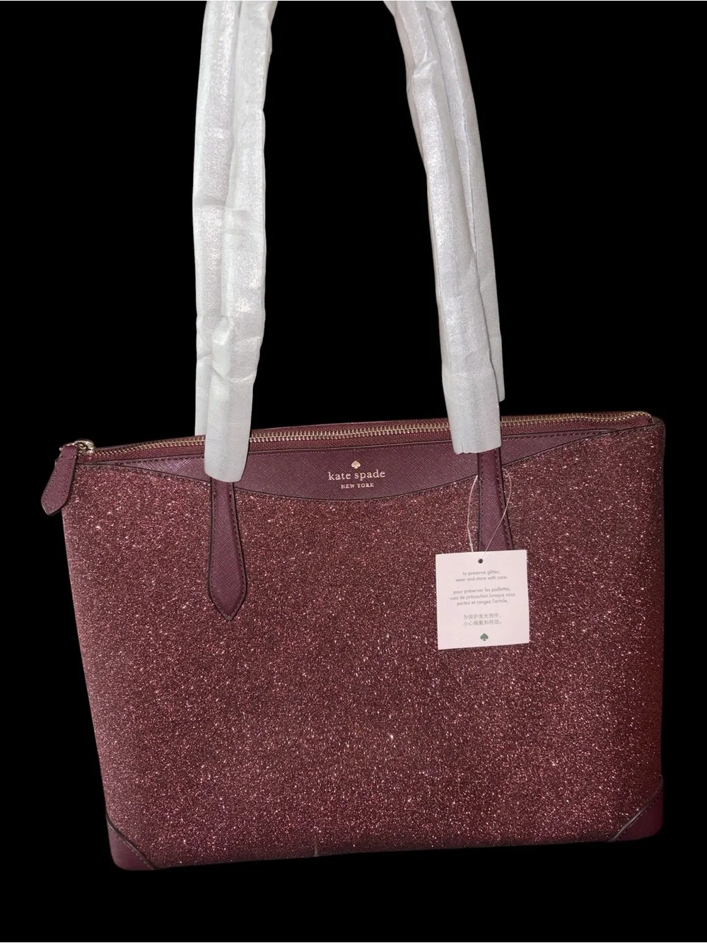 NWT Kate Spade Large Glitter Fabric Tote in Deep Nova burgundy